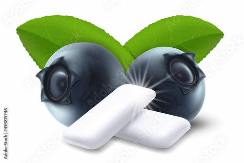 Bubble gum with blueberry flavor. Chewing pads with fresh ripe great bilberry. Product placement detailed label design. Packaging design for branding. Realistic 3d vector isolated