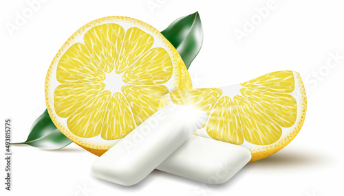 Citrus chewing gum. Bubble gum with lemon flavor. Chewing pads with fresh ripe lemon, oral health product, realistic advertising poster. Isolated 3d vector illustration