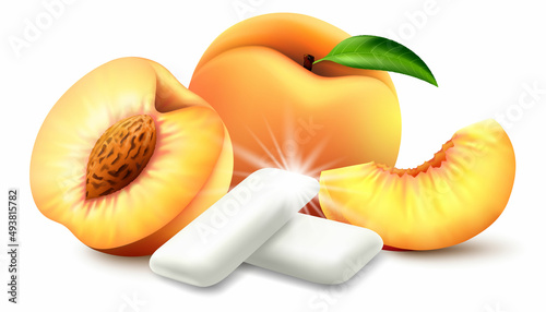 Realistic Fruit bubble gum pellet with peach flavor. Chewing pads with fresh ripe peach. Packaging design for branding. Realistic 3d Vector illustration isolated on white background