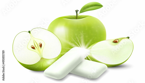 Realistic Pads of bubble gum with green apple flavour. Chewing gums for healthy teeth, fresh breathing and dental hygiene. Refreshing sweet candy, 3d vector isolated on white background.