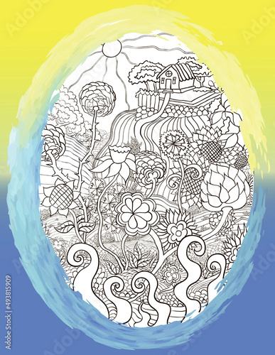 Easter egg graphic in the form of a doodle rural scene on a background of yellow and blue framed