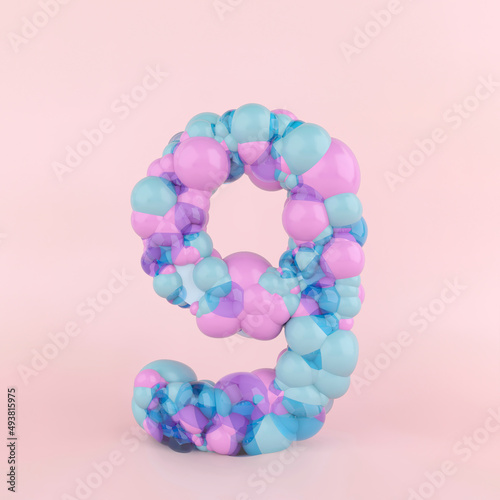Creative number nine 9 concept made of colorful pastel balloons. Balloon font concept on pastel pink background.