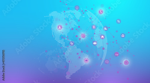 World map point with global technology networking concept. Digital data visualization. Lines plexus. Big Data background communication. Scientific illustration. photo