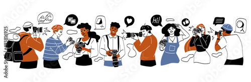 Set of professional photographers or cameramen at work