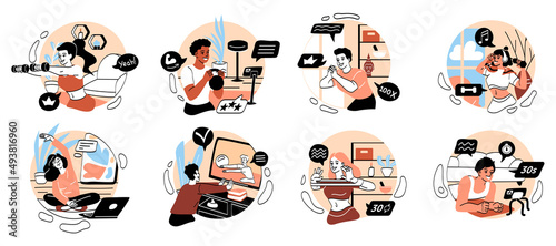 People do sport exercises at home set