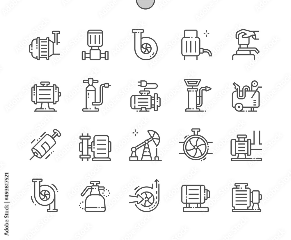 Pump. Compressor. Home water pump. Industrial, service machine. Pixel Perfect Vector Thin Line Icons. Simple Minimal Pictogram