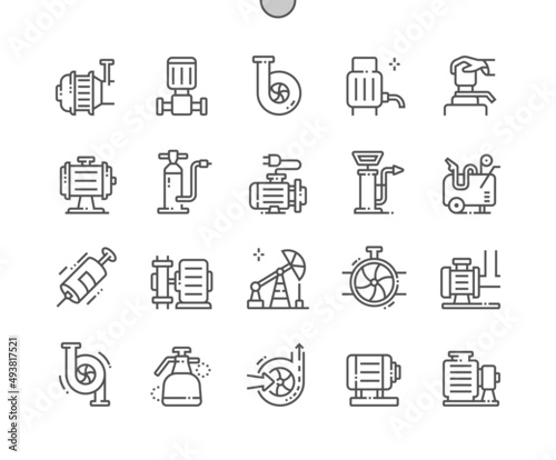 Pump. Compressor. Home water pump. Industrial, service machine. Pixel Perfect Vector Thin Line Icons. Simple Minimal Pictogram