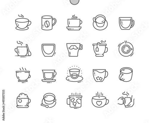 Mug. Tea and coffee cup. Hot cappuccino. Cafe and restaurant. Pixel Perfect Vector Thin Line Icons. Simple Minimal Pictogram