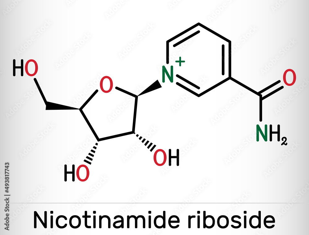 Nicotinamide riboside, NR, SR647 molecule. It is N-glycosylnicotinamide, pyridine nucleoside similar to vitamin B3. Skeletal chemical formula Nicotinamide riboside, NR, SR647 molecule. It is N-glycosylnicotinamide, pyridine nucleoside similar to vitamin B3. Skeletal chemical formula
