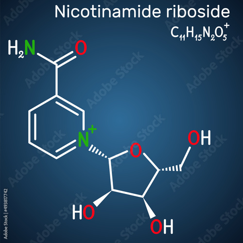 Nicotinamide riboside, NR, SR647 molecule. It is N-glycosylnicotinamide, pyridine nucleoside similar to vitamin B3. Structural chemical formula on the dark blue background photo