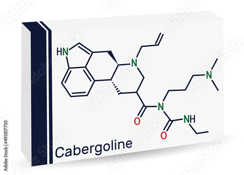 Cabergoline molecule. It is drug, ergot derivative, dopamine receptor, prolactin inhibitor. Skeletal chemical formula. Paper packaging for drugs.