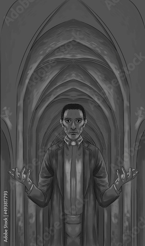 Digital illustration of a standing priest, with open arms, inside a church