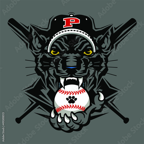 panther mascot with ball and crossed baseball bats for school, college or league