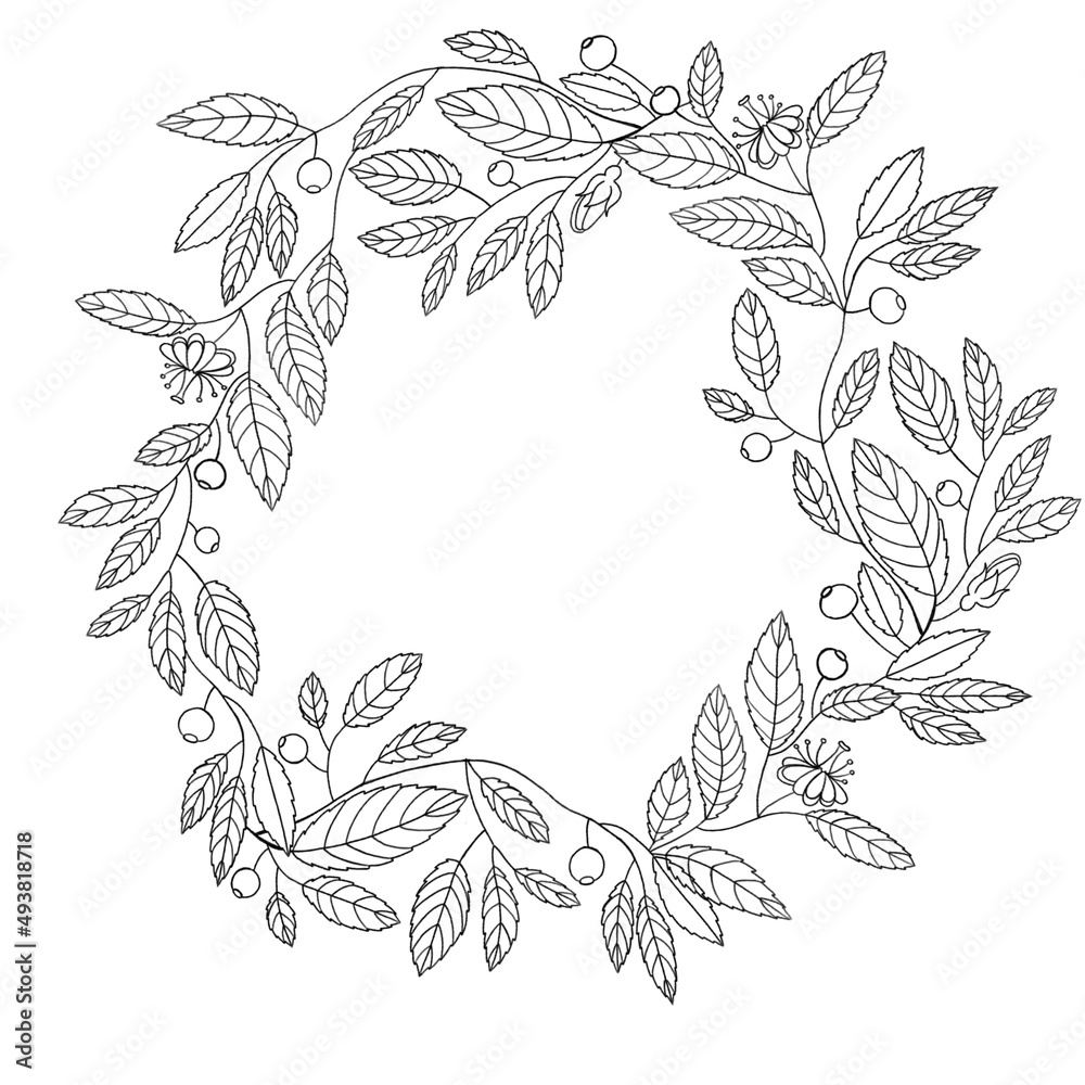 Fototapeta premium Hand drawn leaves and berries frame isolate on white