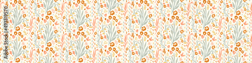 Pastel boho flowers seamless border pattern in trendy ditsy wildflower style. Hand drawn organic botanical fashion edging trim. Modern summer garden bloom in natural vintage cottage core ribbon banner