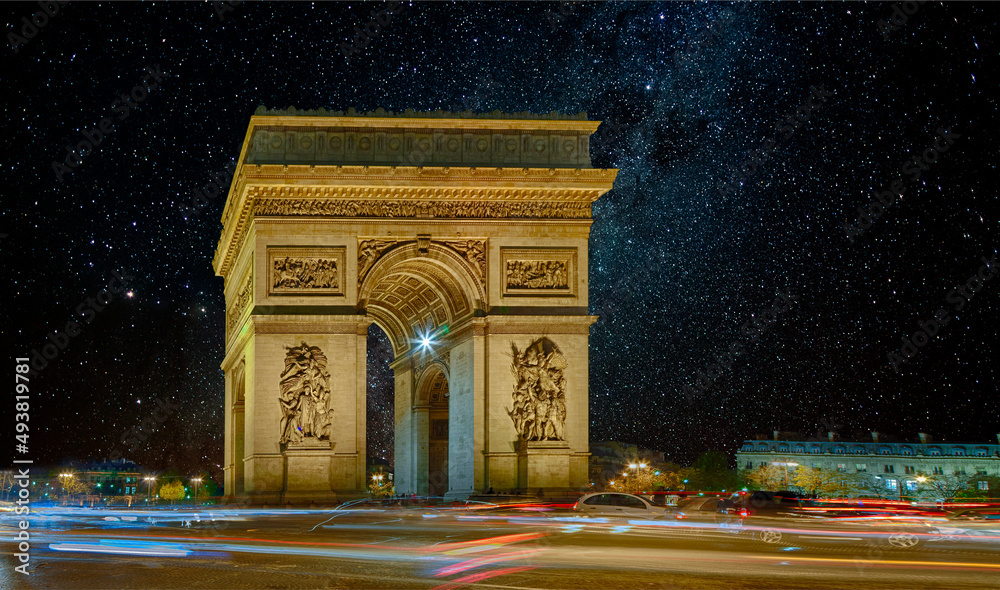 Arc de Triumphe Triumpfbogen Paris Nacht Sterne Himmel - obrazy, fototapety, plakaty 