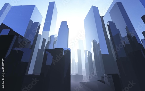 Cityscape in the morning in the fog  skyscrapers in the sun  3d rendering