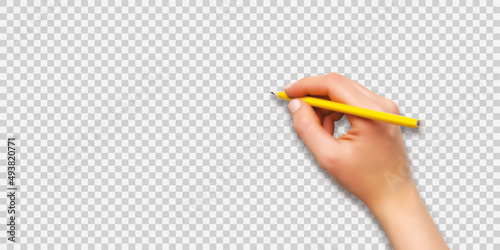 Female hand writing with a pencil on transparent background, realistic effect, vector illustration