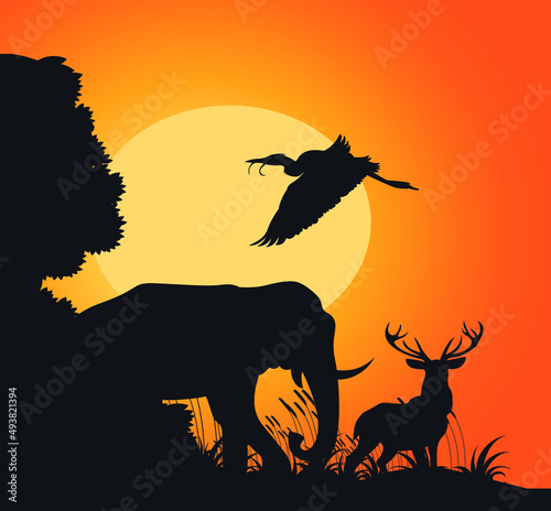 silhouette of an elephant, deer and bird at sunset, Animals and bird Silhouette