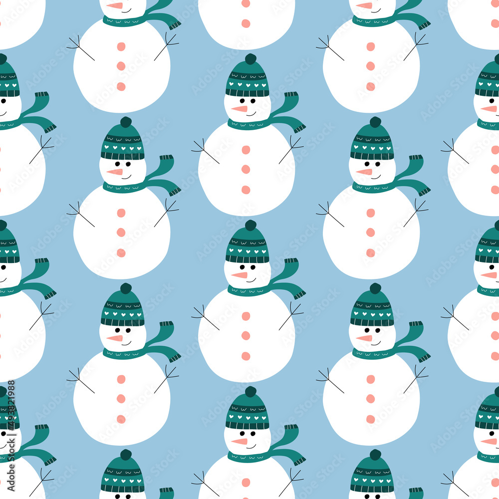 Cute snowman in green hat and scarf hand drawn vector illustration. Funny baby character. Christmas seamless pattern.