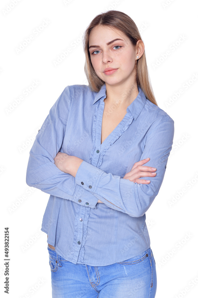 Portrait of beautiful woman wearing casual clothing on white background Portrait of beautiful woman wearing casual clothing on white background