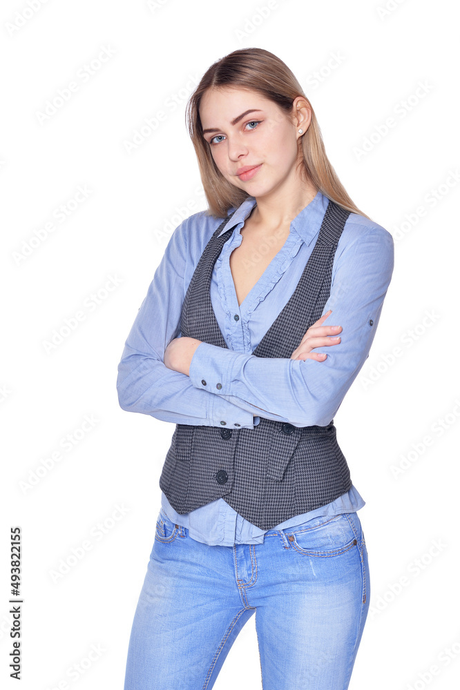 Portrait of beautiful woman wearing casual clothing on white background Portrait of beautiful woman wearing casual clothing on white background