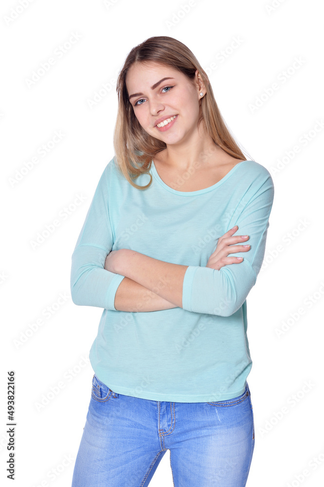 Portrait of beautiful woman wearing casual clothing on white background Portrait of beautiful woman wearing casual clothing on white background