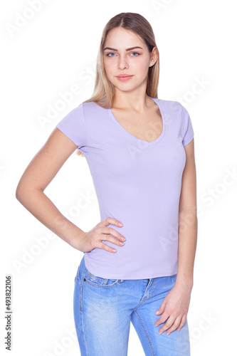 Portrait of beautiful woman wearing casual clothing on white background