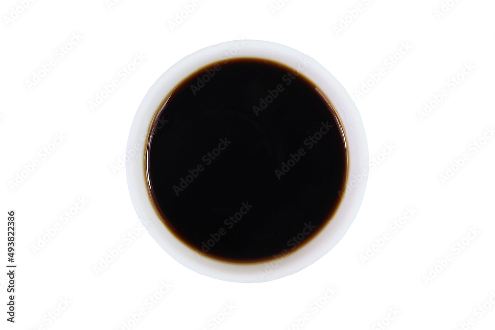 Soy sauce on isolated white background, top view Soy sauce on isolated white background, top view