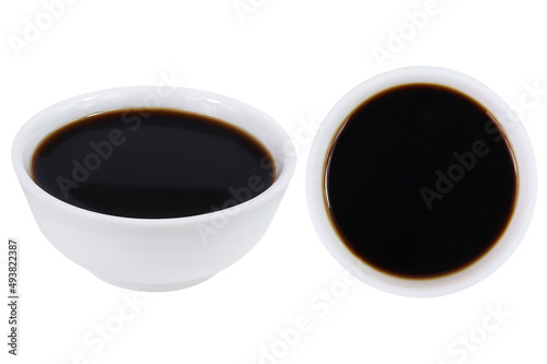 Soy sauce on an isolated white background. Soy sauce set in a white bowl