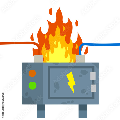 Damaged Switchboard. Cartoon flat illustration. Fuse and electrical engineering. Danger situation - fire. High voltage sensor. Electrical wires in box. Technical industrial appliance