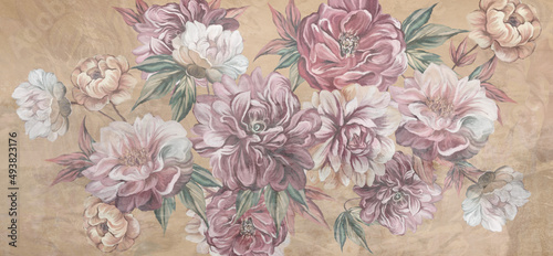 large art painted roses and peonies on a testun background photo wallpaper in the interior