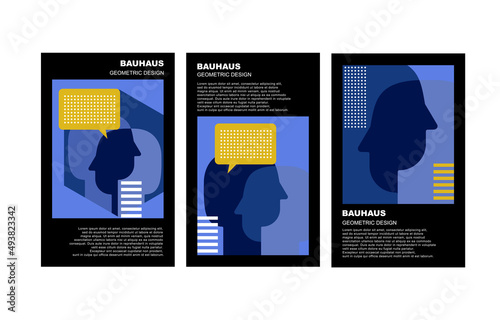 Trendy brochure with talk psychology bauhaus poster for concept design. Abstract vector creative element. Therapy, psychotherapy geometric art set.