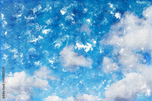 Watercolor painting illustration of blue sky backgrounds with clouds and sunshine