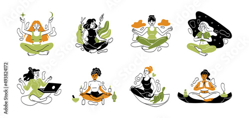 Set of beautiful meditating women