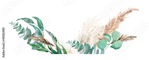 Watercolor pampas grass and eucalyptus border, garland. Boho neutral colors bouquet. Botanical nature design isolated on white. Bohemian style wedding invitation, card, poster