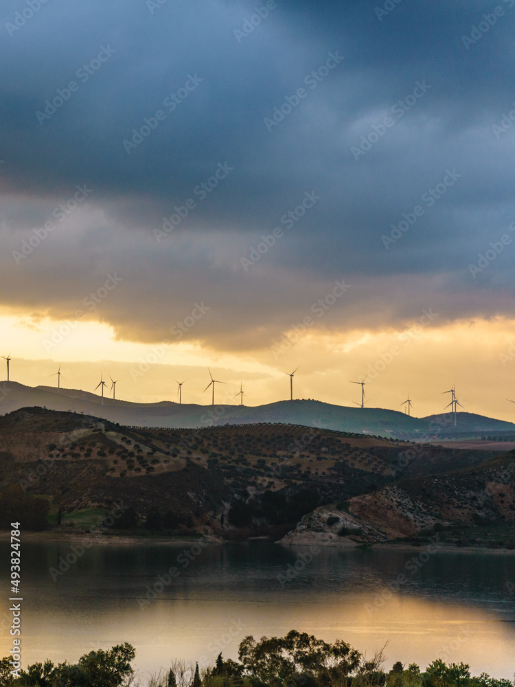 Andalucia at sunset with wind turbines, Spain
