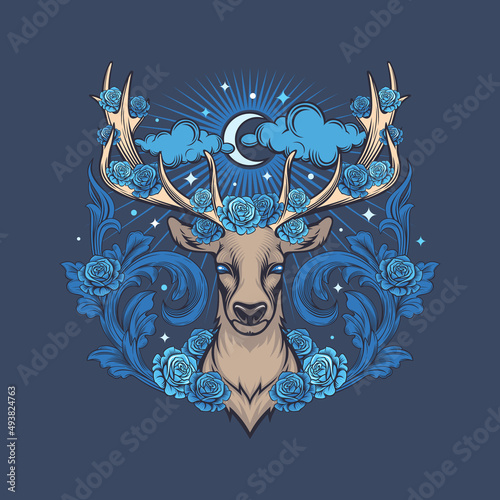 Deer with blue roses vector illustration.