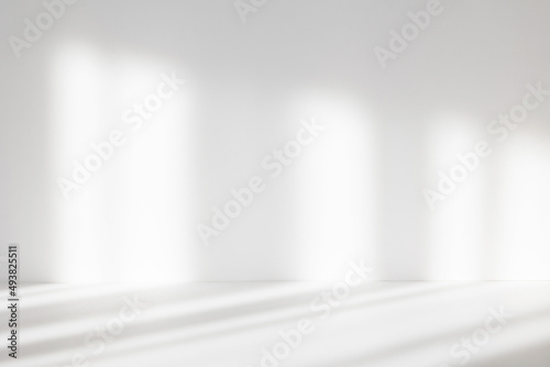 Abstract white studio background for product presentation. Empty room with shadows of window. Display product with blurred backdrop. Soft focus