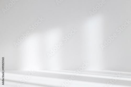 Fototapeta Naklejka Na Ścianę i Meble -  Abstract white studio background for product presentation. Empty room with shadows of window. Display product with blurred backdrop. Soft focus