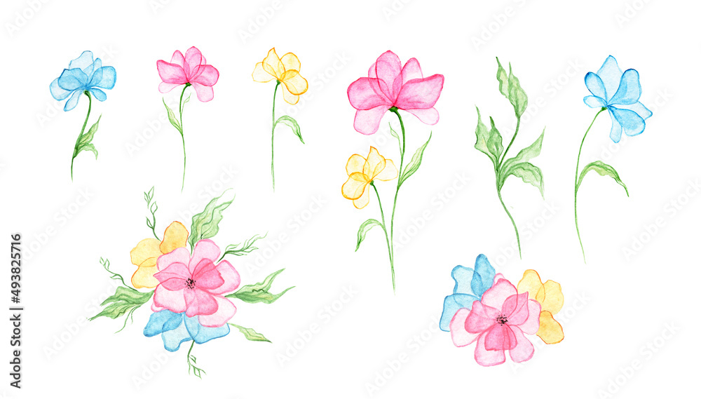 Botanical set of flowers and leaves, isolated on a white background. Delicate blue, pink and yellow flowers. Watercolor illustration. Floral design elements.