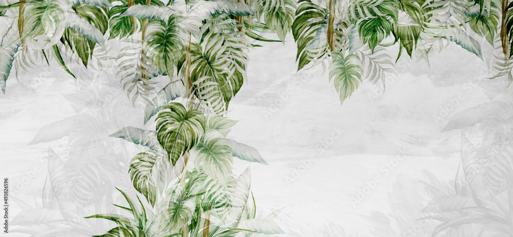 textured light background with light sketches of the shadows of the tropics, which depicts tropical leaves photo wallpaper in the interior