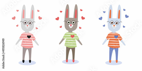 Vector set of three Cute Cartoon Rabbits with Glasses and Hearts in different colors isolated on a white background.