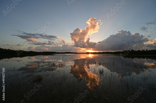 Colorful dramatic sunrise cloudscape reflected in calm water of Nine Mile Pond in Everglades National Park, Florida.
