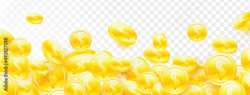 Gold coins falling on transparent background. Game win item. Token money icons. App interface design element. Cartoon profit collection. Virtual trophy sign. Vector illustration