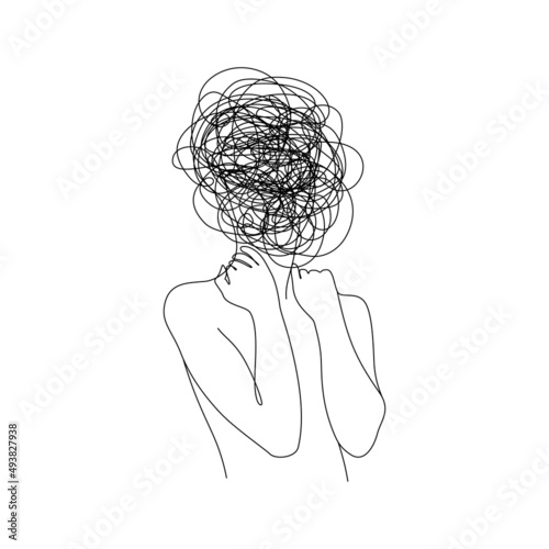 Continuous one line drawing of a woman with confused messy feelings worried about bad mental health. Problems stress illness and depression concept in simple linear style. Doodle Vector illustration