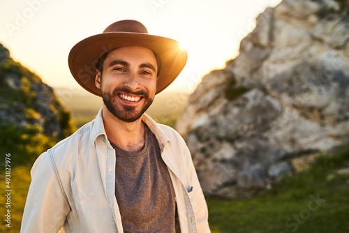 Portrait of smiling young man hiking in Jura, Poland