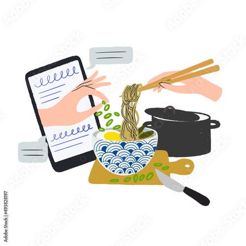 Online cooking school or culinary class concept with hand drawn illustration of ramen soup, chopsticks with noodles, saucepan, cutting board, hand thru out cell phone seasoning food with green onion