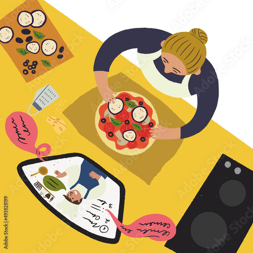 Young woman preparing healthy food in kitchen following video recipe on tablet. Hand drawn illustration for online cooking classes or school, culinary vlog, blog. Home hobby concept