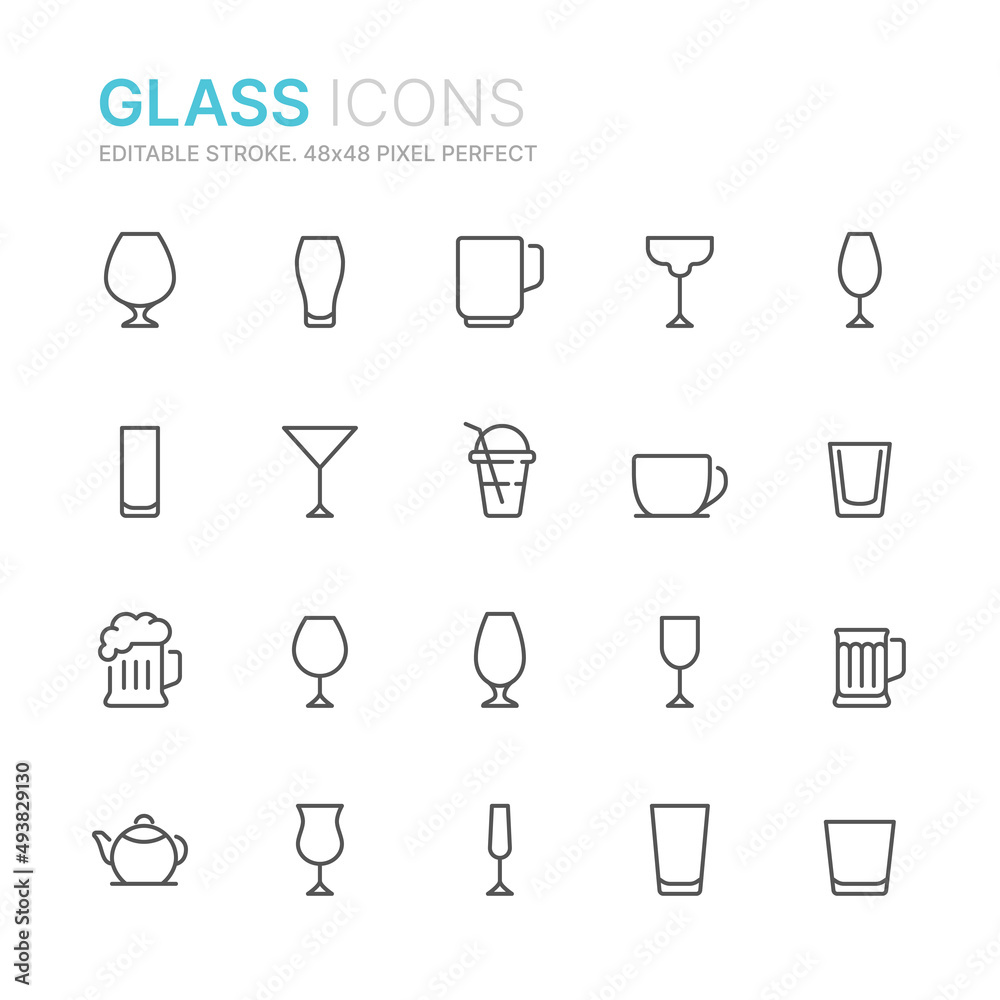 Collection of glass related outline icons. 48x48 Pixel Perfect. Editable stroke Collection of glass related outline icons. 48x48 Pixel Perfect. Editable stroke
